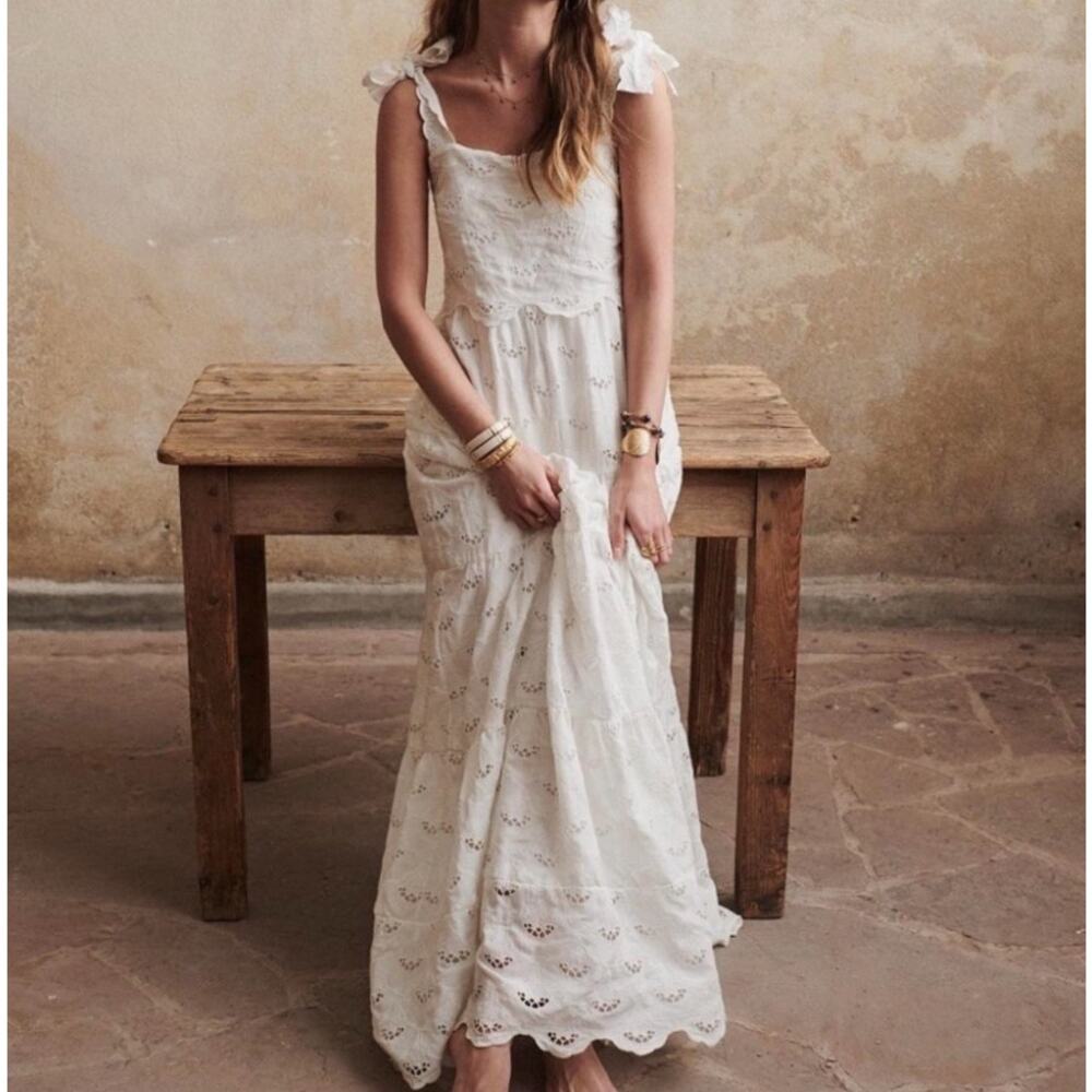 Sézane Sezane Elia Dress Womens 38/ M Ecru Boho Sleeveless Tiered Midi Maxi